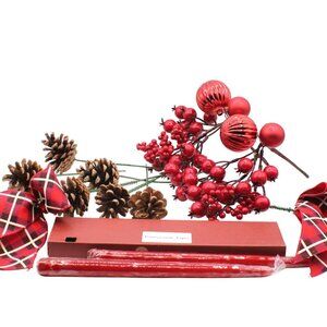 Centerpiece Set Pomegranate Taper Candles Pinecones Red Berries Plaid Ribbon